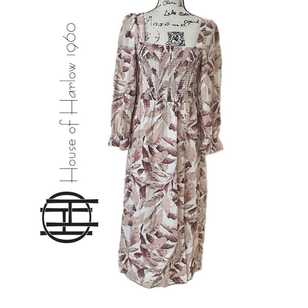 House of Harlow 1960 Smocked Tropical‎ Leaf Linen Blend Midi Dress Brown Tan M